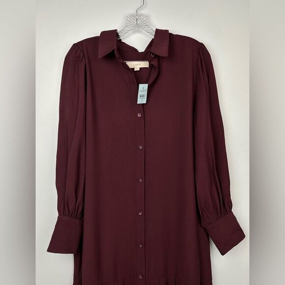 Loft Pleated Waist Midi Dress NO TIE Deep Burgundy Long Sleeve Button Front 12P - Picture 5 of 16